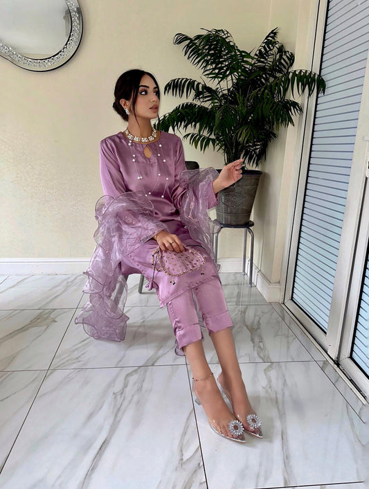 Satin Co Ord with Ruffle Dupatta | Lilac