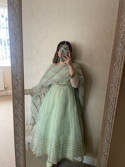 Net Embroidered Anarkali- Mint