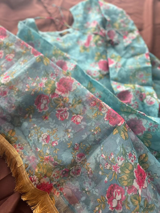 Gulbagh | Turquoise Floral Organza COMING SOON